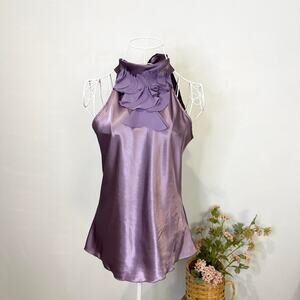 vintage y2k 90s purple ruffle high neck halter tie babydoll silky slip top